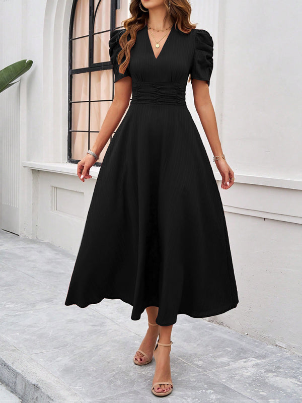 Natalie - Elegant puff sleeve fitted waist A-line dress