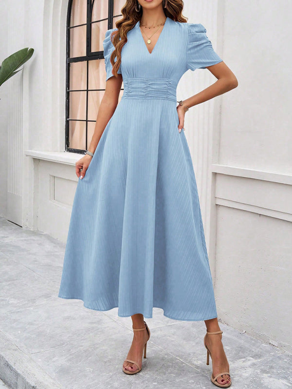 Natalie - Elegant puff sleeve fitted waist A-line dress