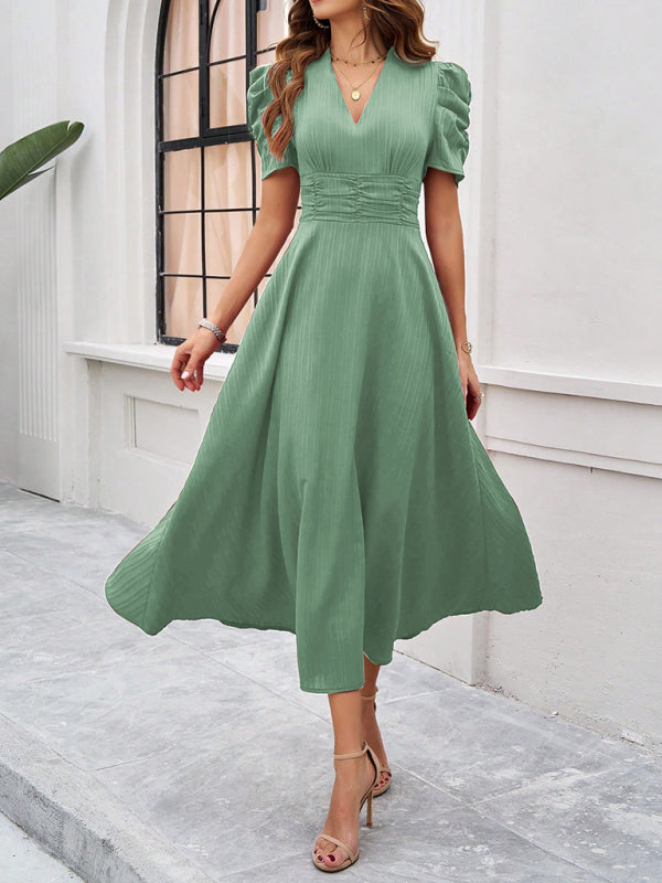 Natalie - Elegant puff sleeve fitted waist A-line dress