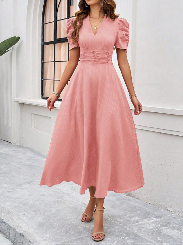 Natalie - Elegant puff sleeve fitted waist A-line dress