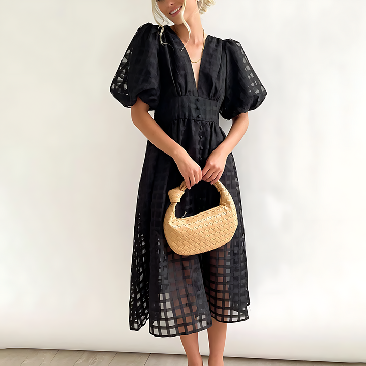 Annika - Vestido con Mangas Abullonadas y Escote en V