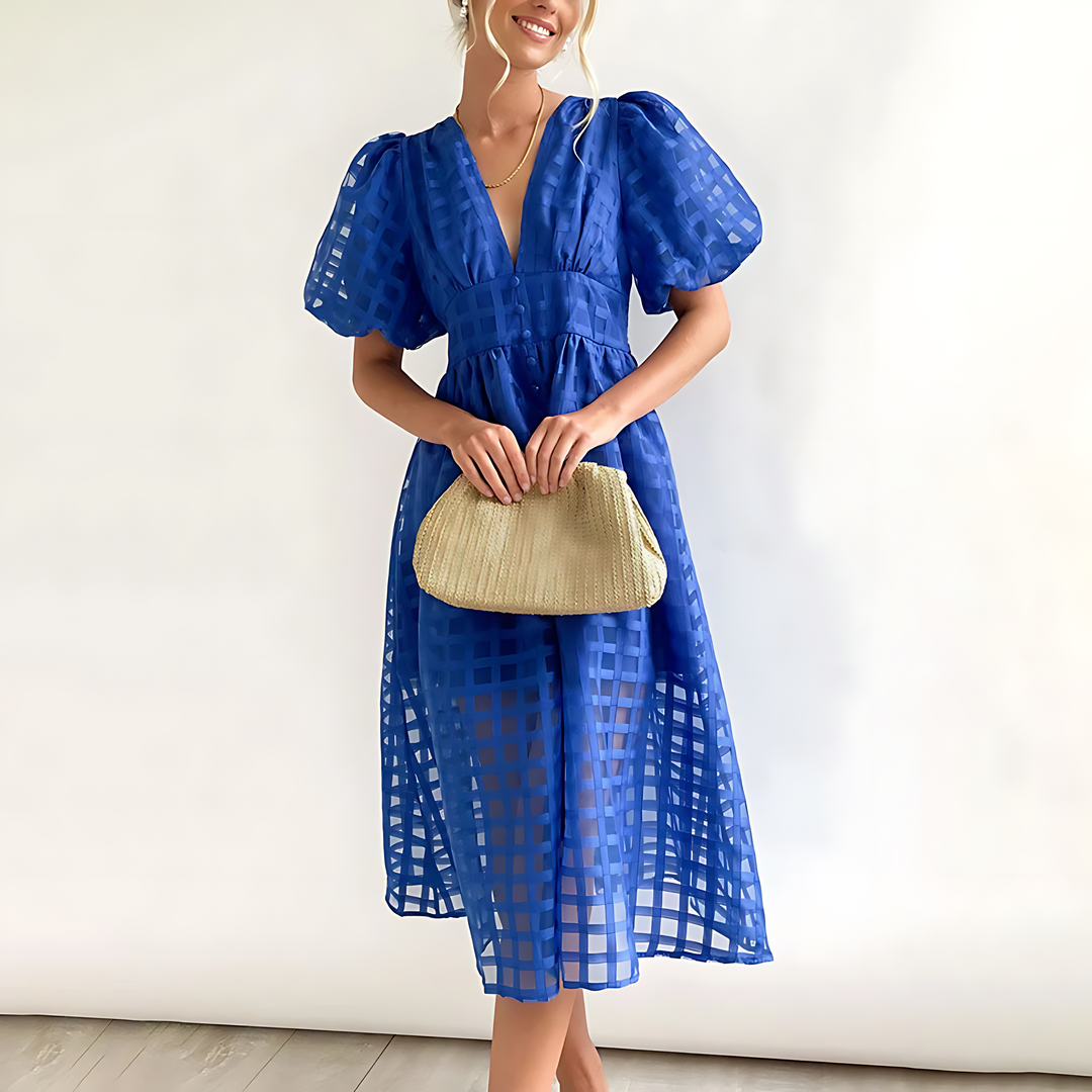 Annika - Vestido con Mangas Abullonadas y Escote en V