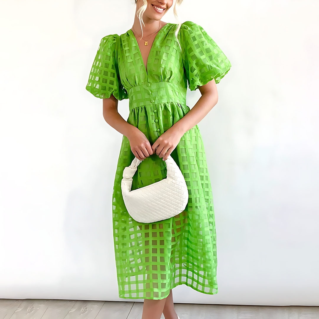 Annika - Vestido con Mangas Abullonadas y Escote en V