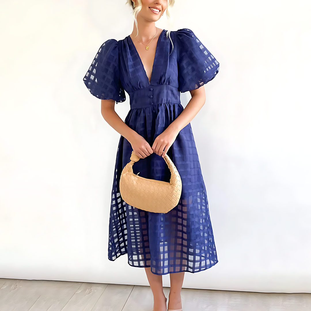 Annika - Vestido con Mangas Abullonadas y Escote en V