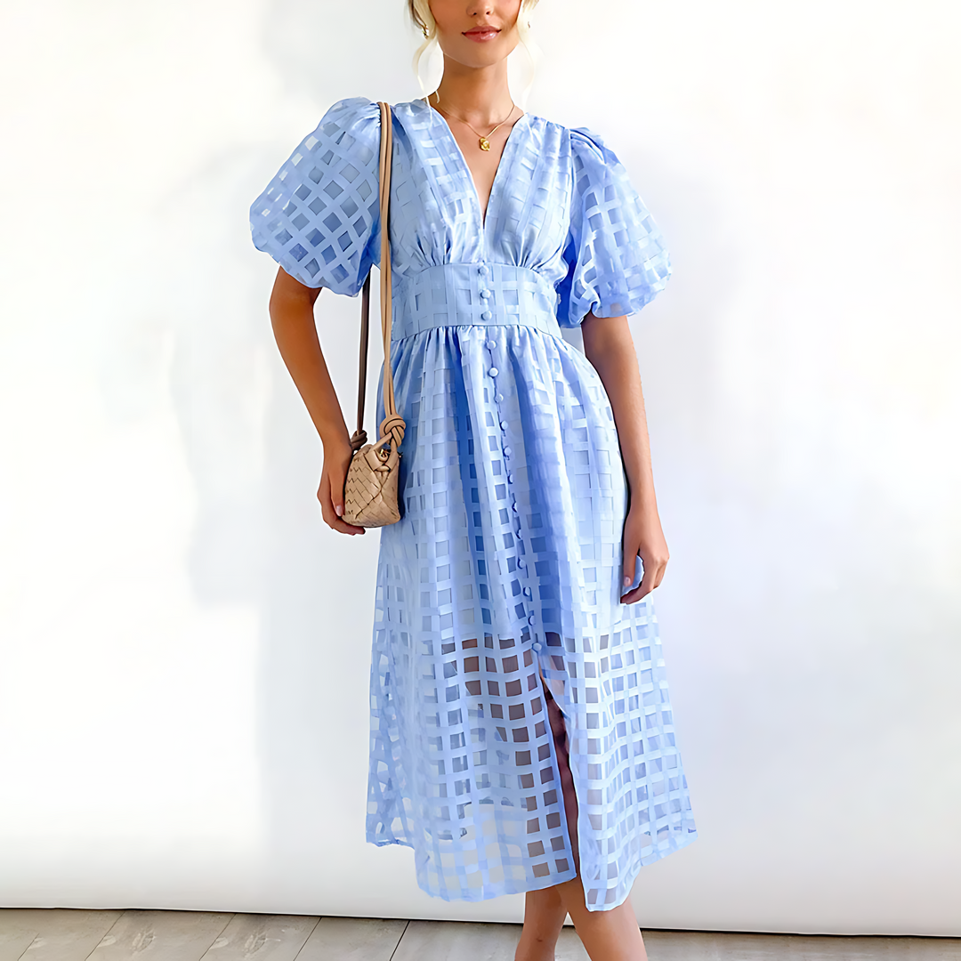 Annika - Vestido con Mangas Abullonadas y Escote en V