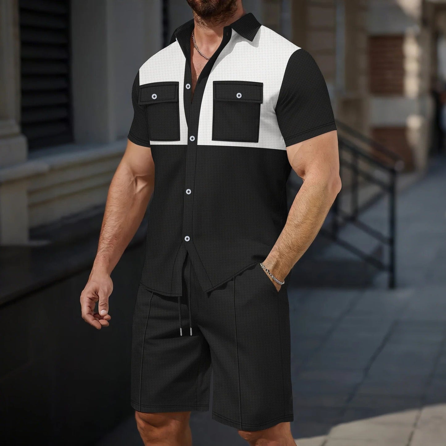 Charlie - Conjunto casual y estiloso de polo con botones y shorts para hombre