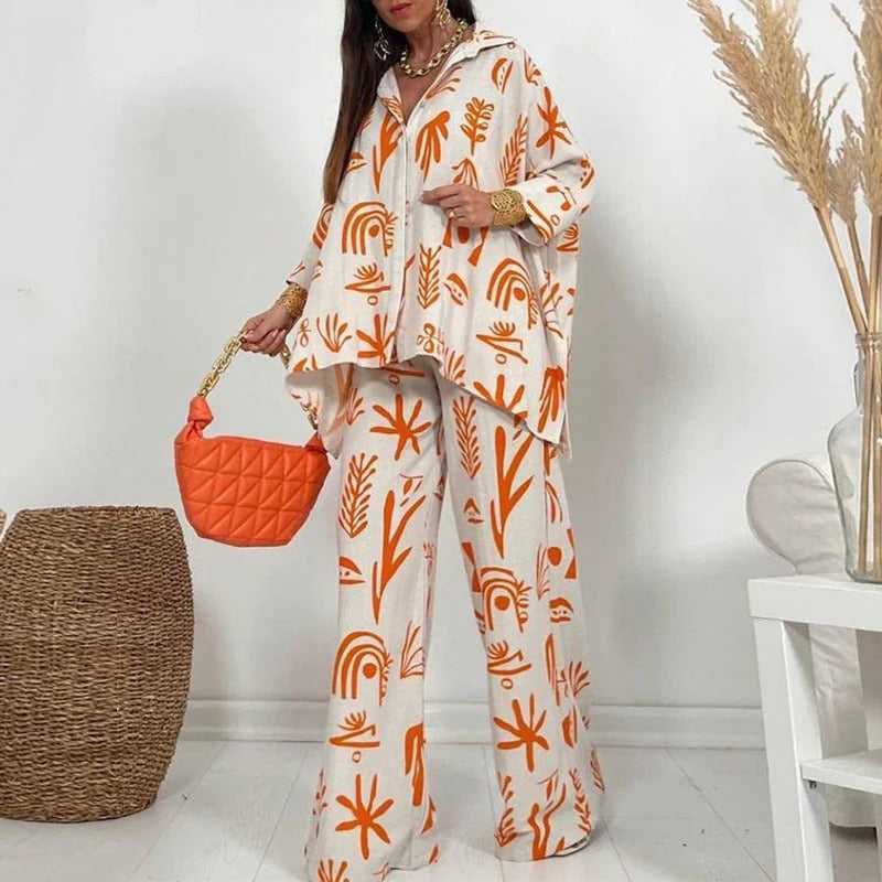 Calista - Estiloso conjunto de blusa holgada estampada de manga larga y pantalones