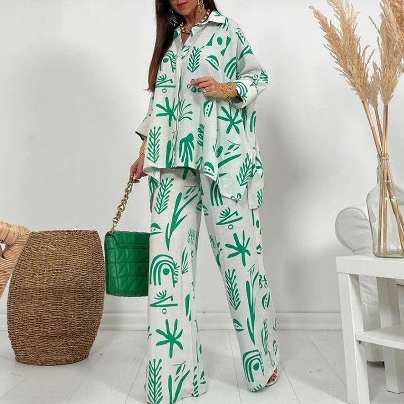 Calista - Estiloso conjunto de blusa holgada estampada de manga larga y pantalones
