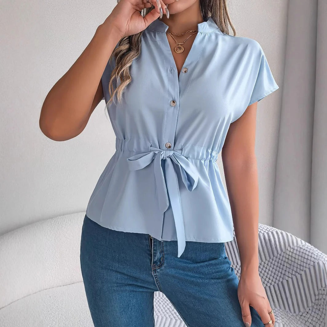 Rubyline - Blusa chic de manga corta con botones y cintura anudada