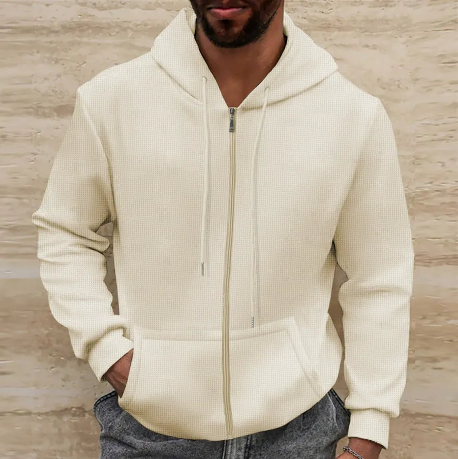 Dino - Chaqueta casual de punto waffle con cremallera completa y capucha para hombre