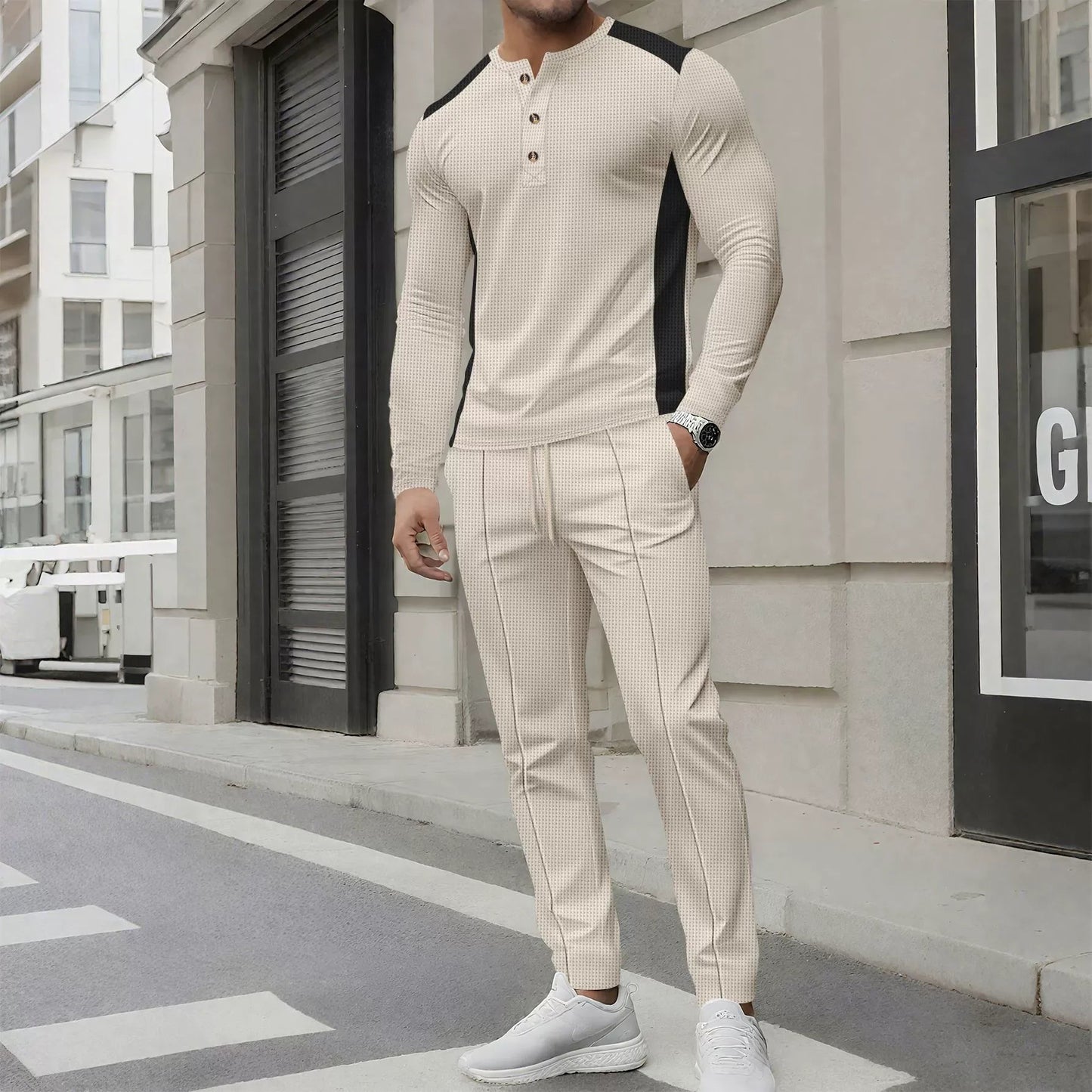 Barry - Conjunto casual de polo Slim Fit de manga larga y pantalón de punto waffle