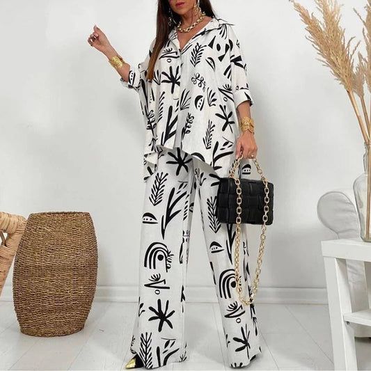 Calista - Estiloso conjunto de blusa holgada estampada de manga larga y pantalones