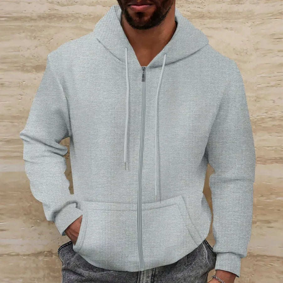 Dino - Chaqueta casual de punto waffle con cremallera completa y capucha para hombre