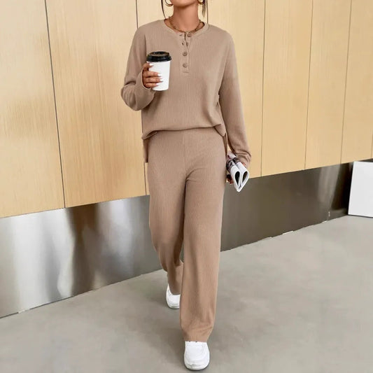 Janie - Conjunto de jersey y pantalones de punto acanalado para estar por casa
