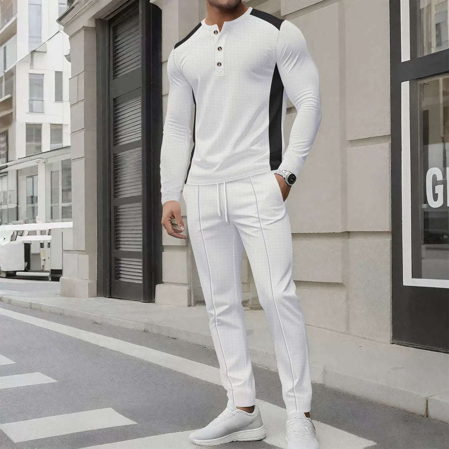 Barry - Conjunto casual de polo Slim Fit de manga larga y pantalón de punto waffle