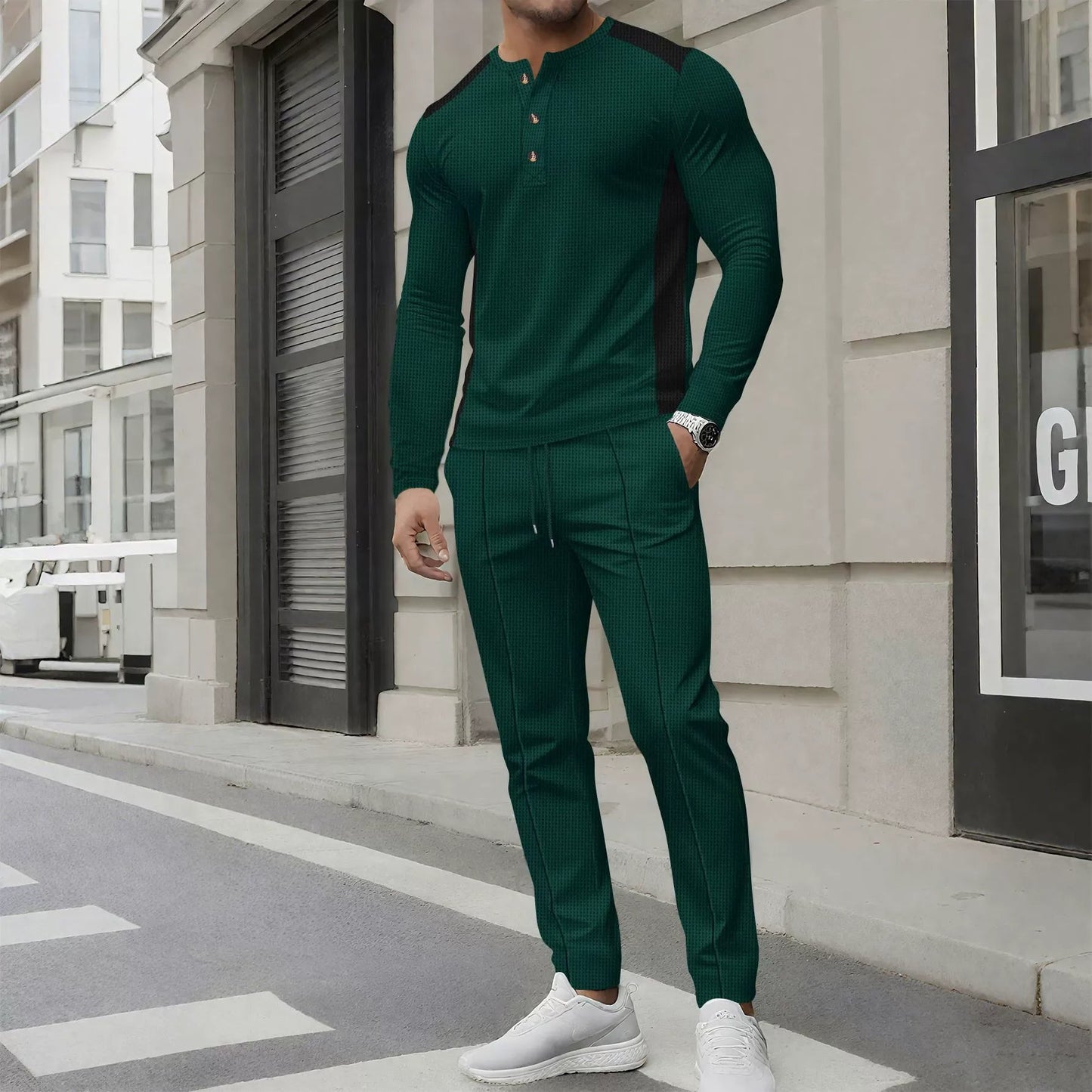 Barry - Conjunto casual de polo Slim Fit de manga larga y pantalón de punto waffle