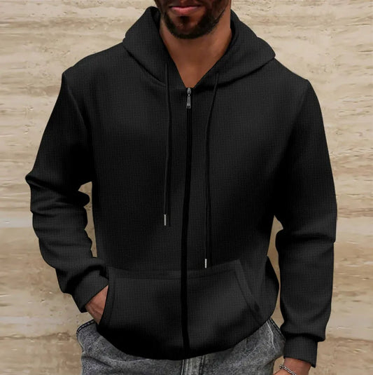 Dino - Chaqueta casual de punto waffle con cremallera completa y capucha para hombre