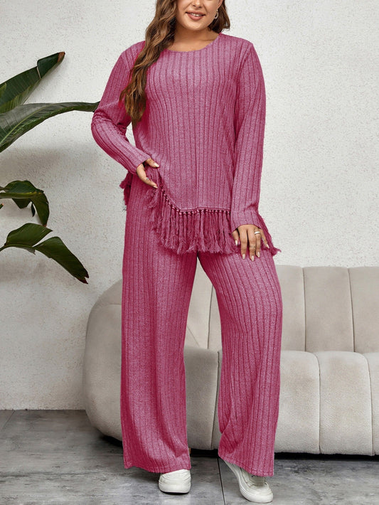 Quinny - Conjunto de suéter de punto acanalado holgado con flecos en el bajo y pantalones