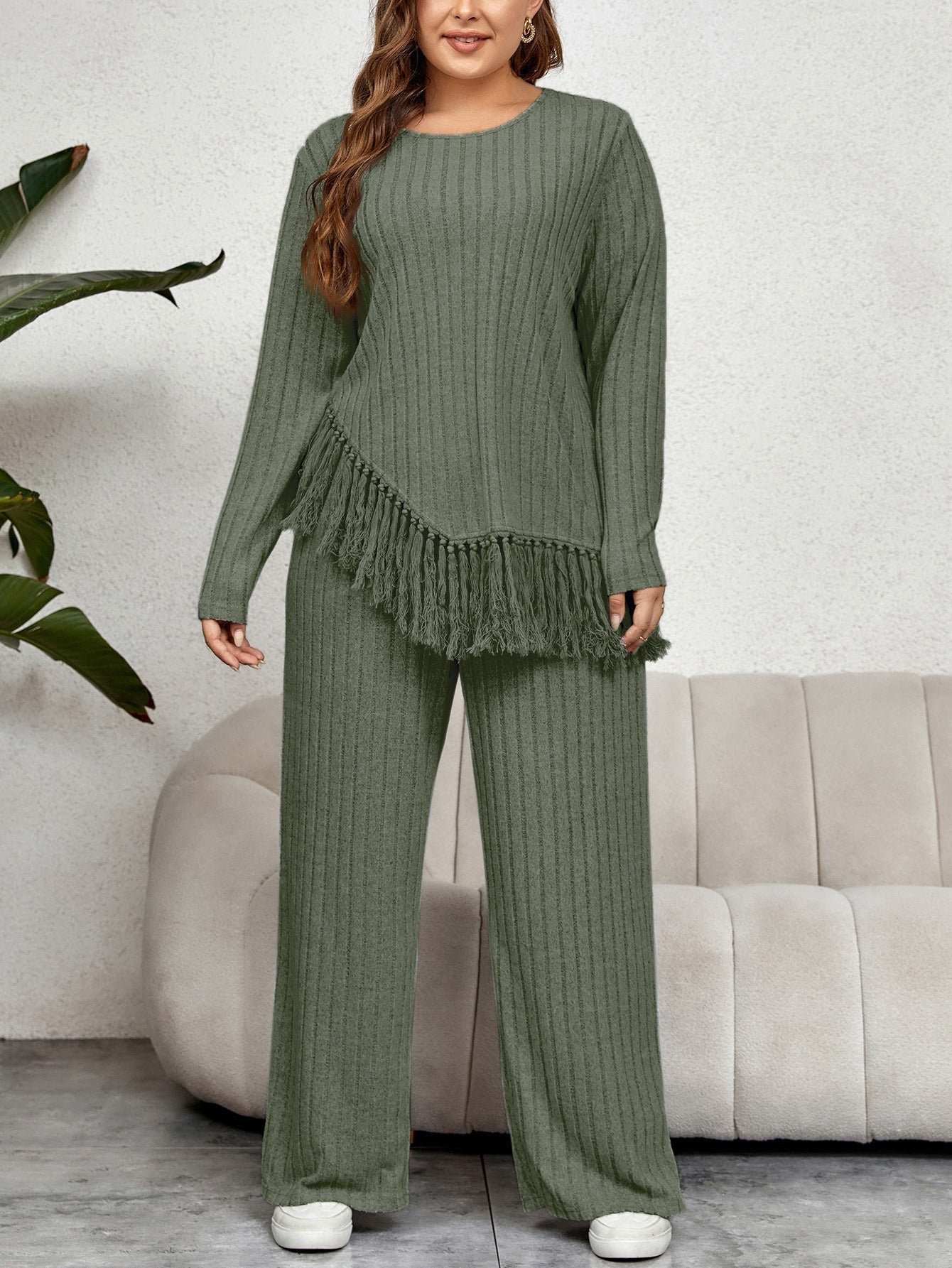 Quinny - Conjunto de suéter de punto acanalado holgado con flecos en el bajo y pantalones