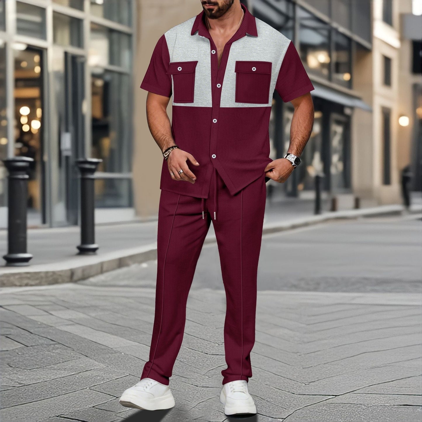 Fabiano - Conjunto estiloso de polo con botones y pantalón en punto waffle para hombre