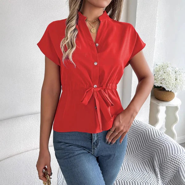 Rubyline - Blusa chic de manga corta con botones y cintura anudada