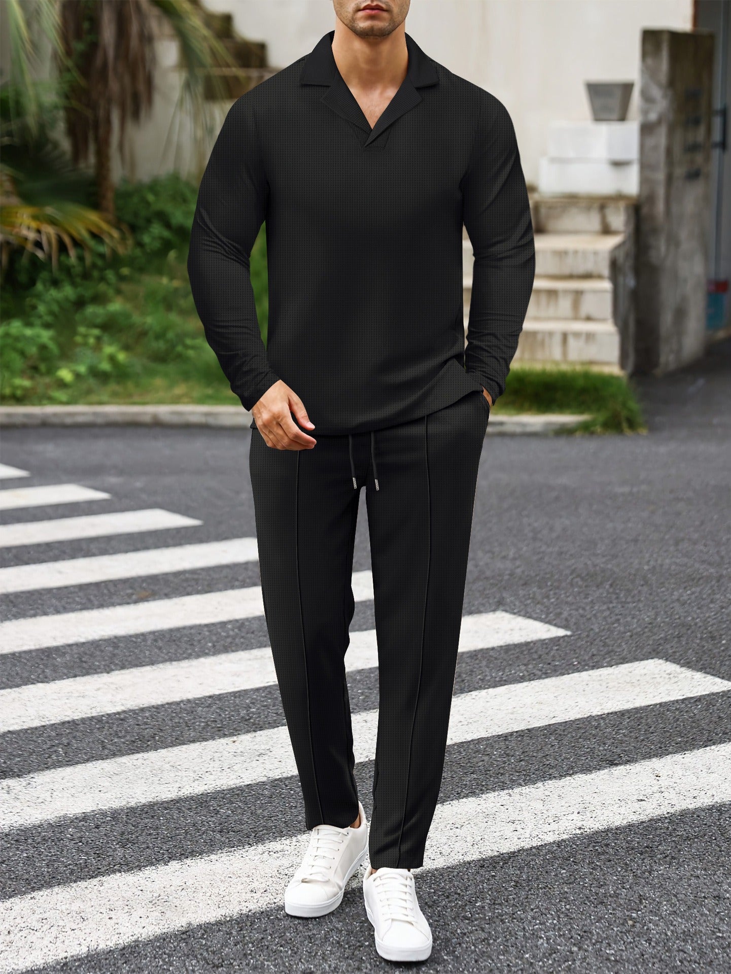 Darwin - Conjunto estiloso de polo slim fit de manga larga y pantalón de punto