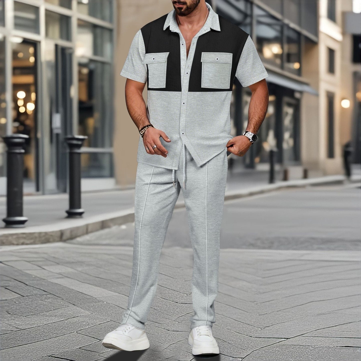 Fabiano - Conjunto estiloso de polo con botones y pantalón en punto waffle para hombre