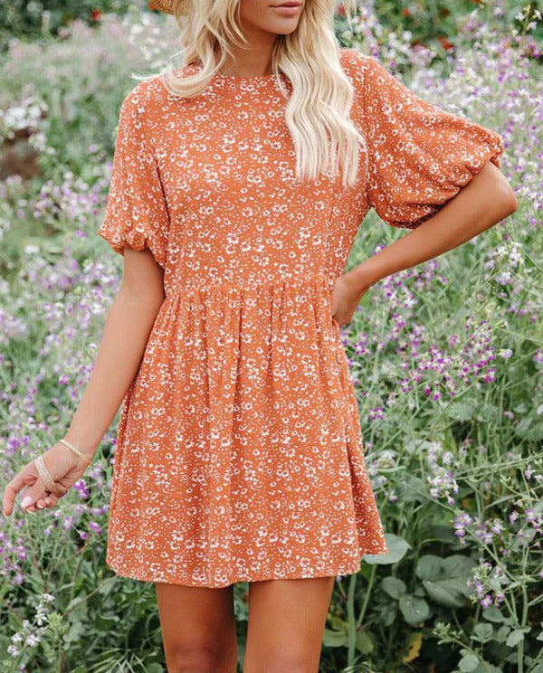 Anjelyn - Vestido mini chic de manga corta con estampado floral y corte en A