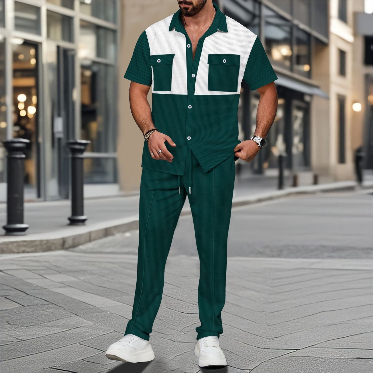 Fabiano - Conjunto estiloso de polo con botones y pantalón en punto waffle para hombre