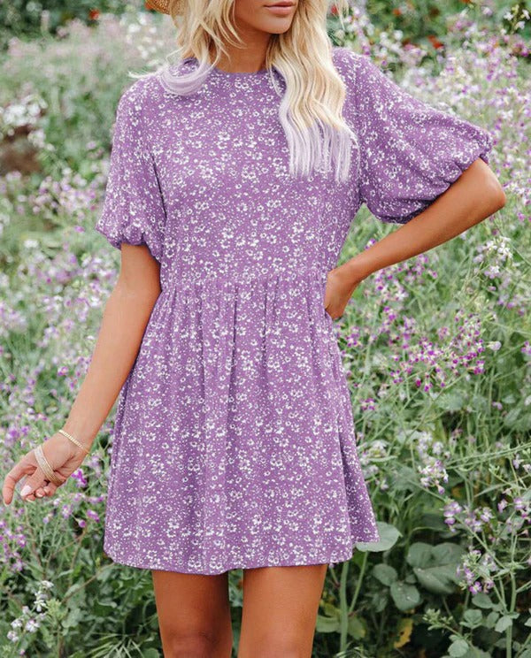 Anjelyn - Vestido mini chic de manga corta con estampado floral y corte en A