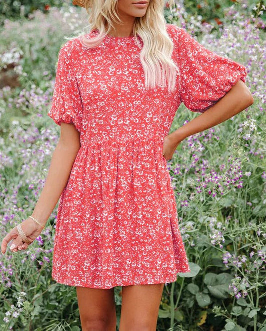 Anjelyn - Vestido mini chic de manga corta con estampado floral y corte en A