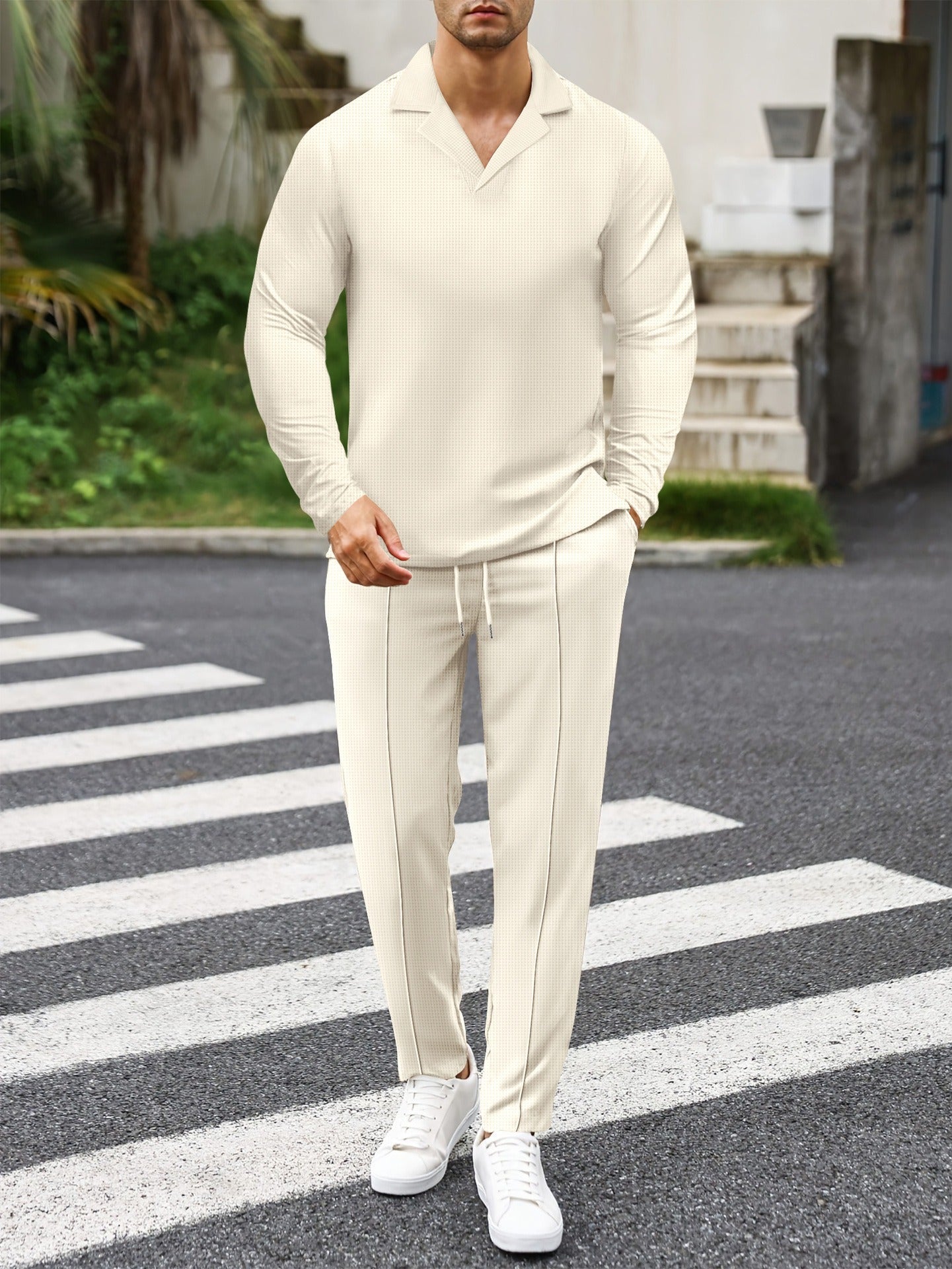 Darwin - Conjunto estiloso de polo slim fit de manga larga y pantalón de punto