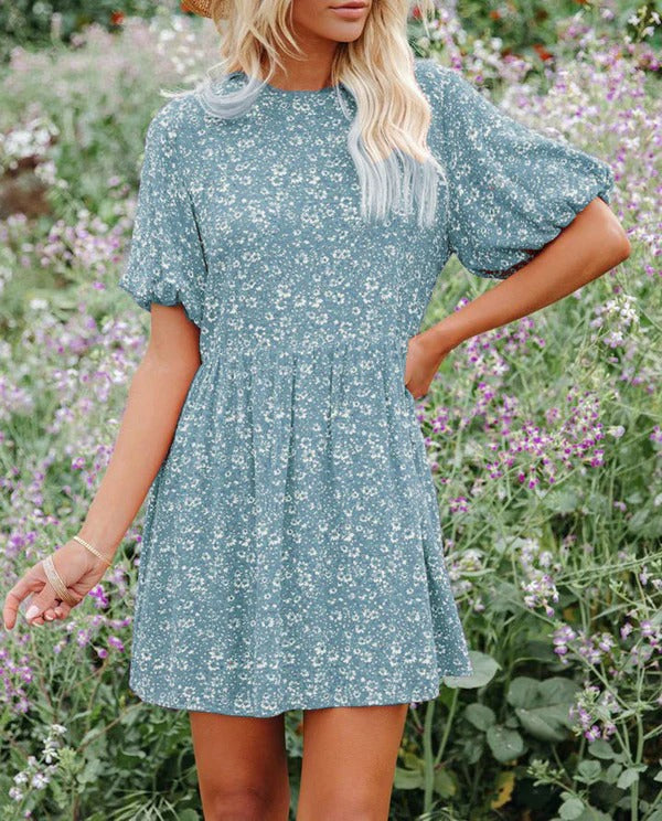 Anjelyn - Vestido mini chic de manga corta con estampado floral y corte en A