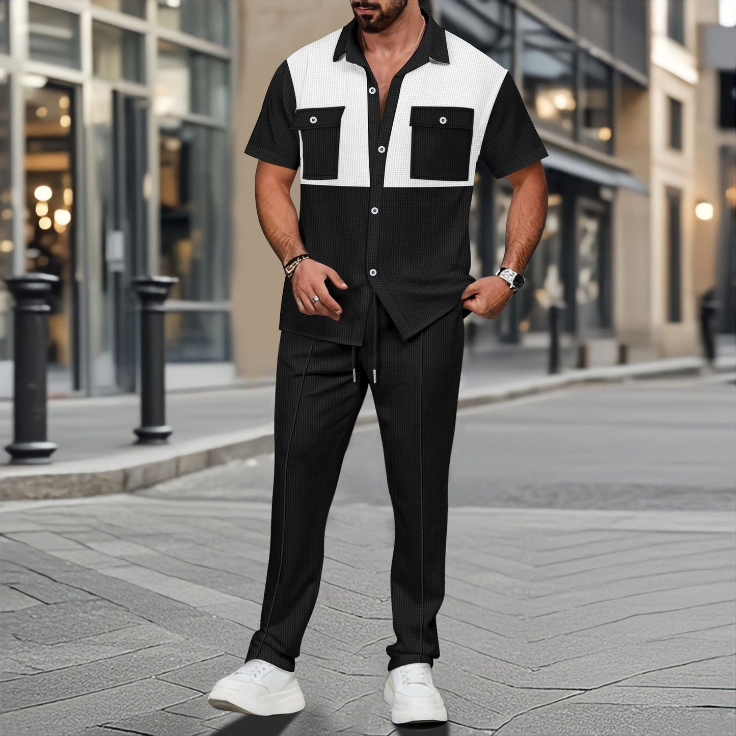 Fabiano - Conjunto estiloso de polo con botones y pantalón en punto waffle para hombre