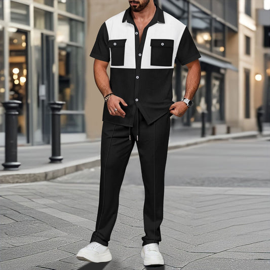Fabiano - Conjunto estiloso de polo con botones y pantalón en punto waffle para hombre