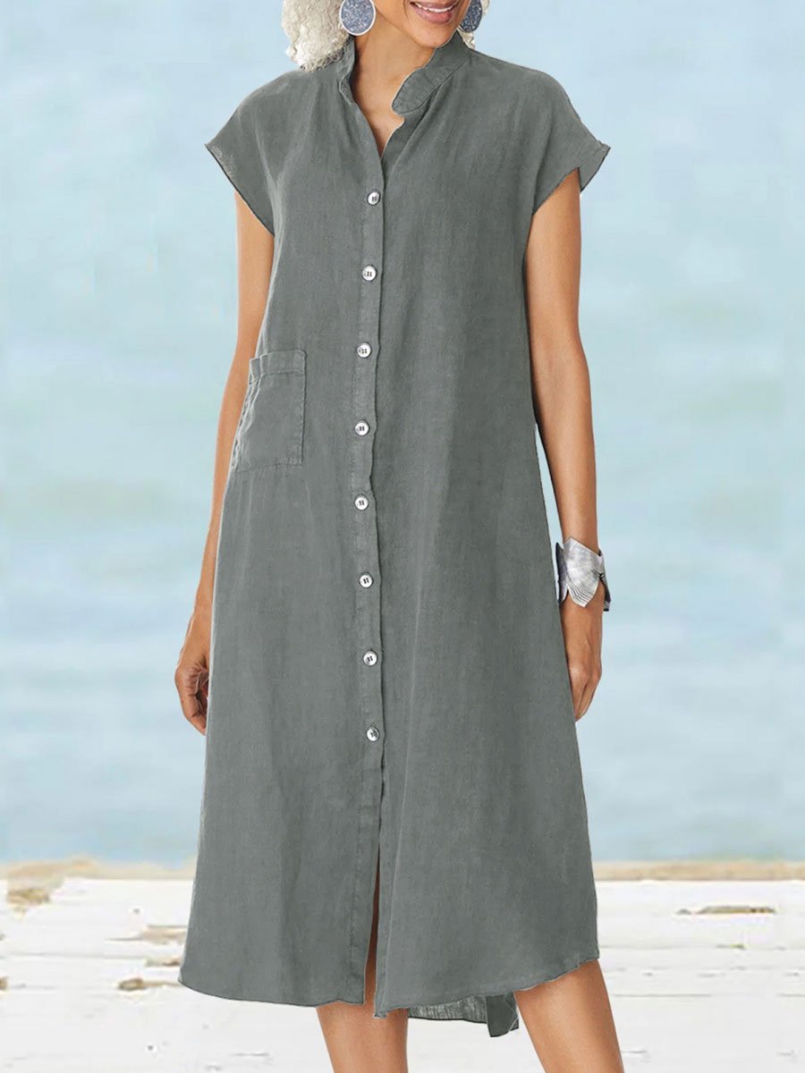 Dhalia - Vestido midi casual de manga corta con botones