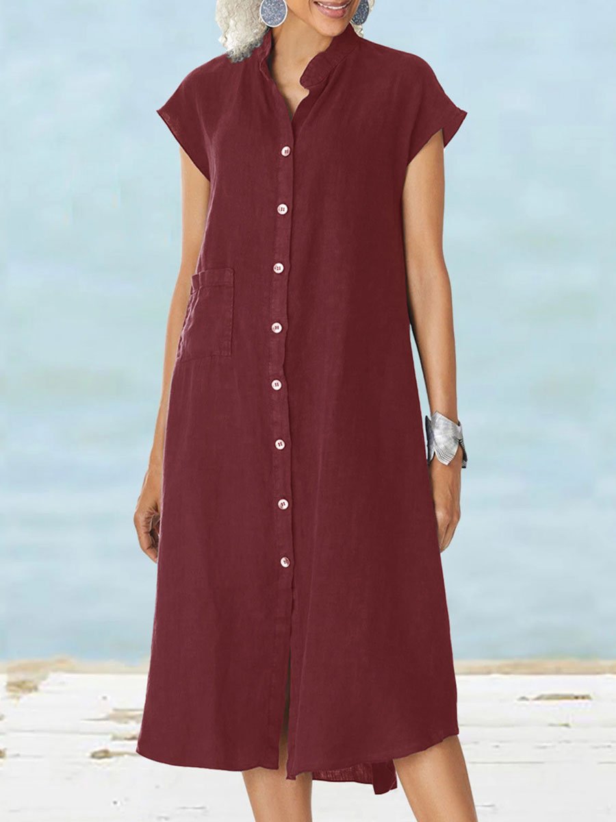 Dhalia - Vestido midi casual de manga corta con botones