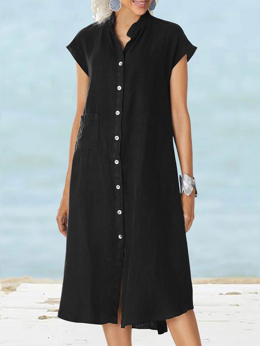 Dhalia - Vestido midi casual de manga corta con botones