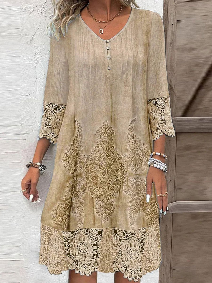 Hazelya - Elegante mini vestido étnico de encaje de media manga