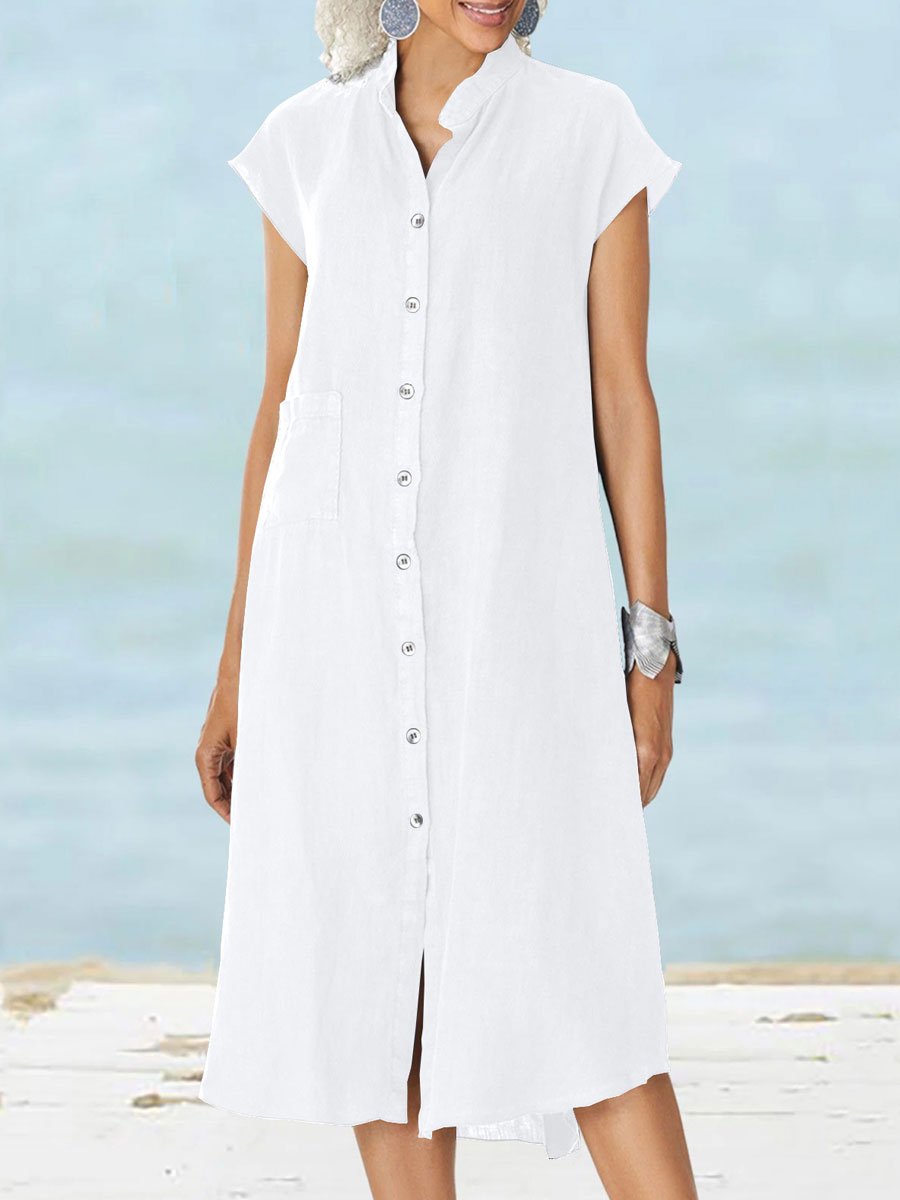 Dhalia - Vestido midi casual de manga corta con botones