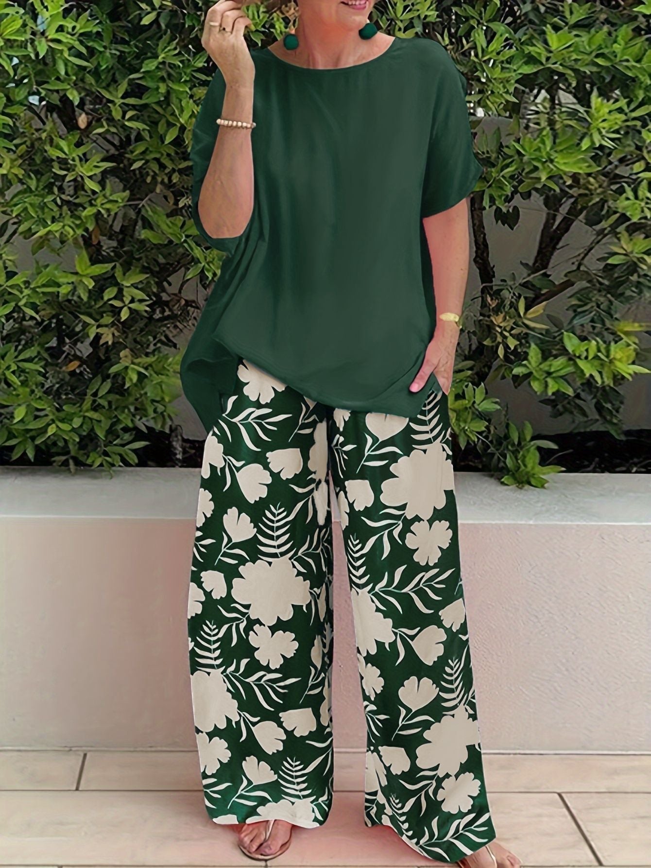 Jennifer - Conjunto casual de blusa suelta y pantalón floral