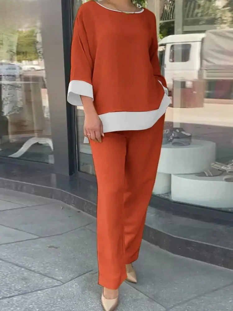 Erika - Conjunto de blusa suelta de media manga y pantalón ancho