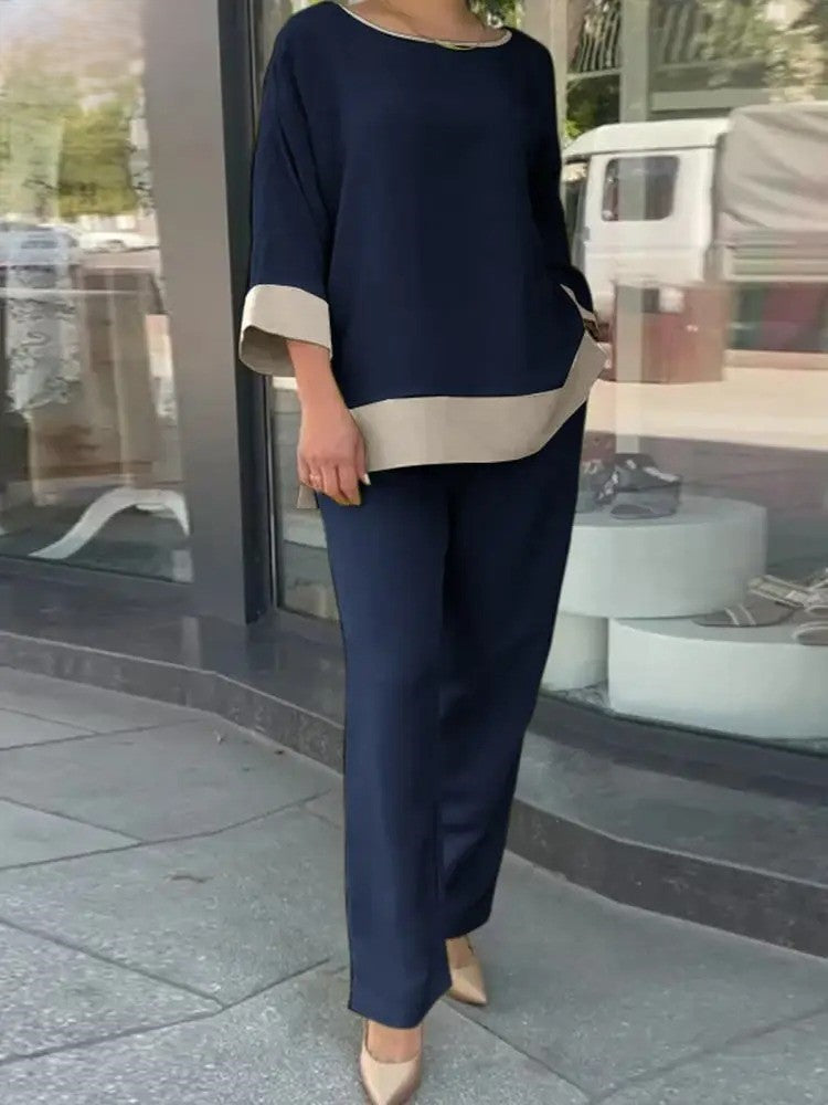 Erika - Conjunto de blusa suelta de media manga y pantalón ancho
