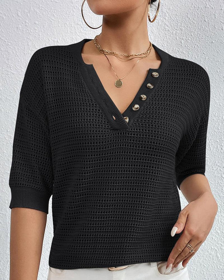 Ashley - Blusa casual de punto con cuello de pico