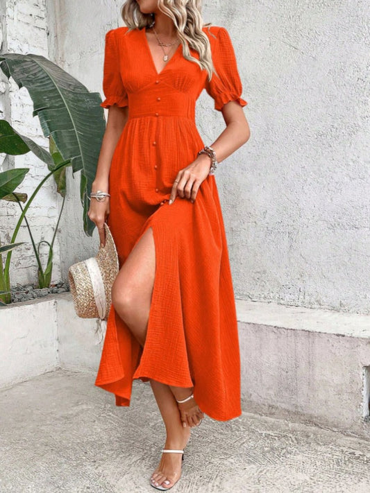 Breanna - Elegante vestido de manga corta con volante y escote en V profunda