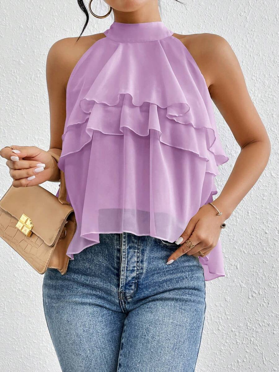Heliana - Elegante top sin mangas con cuello halter y volantes en capas