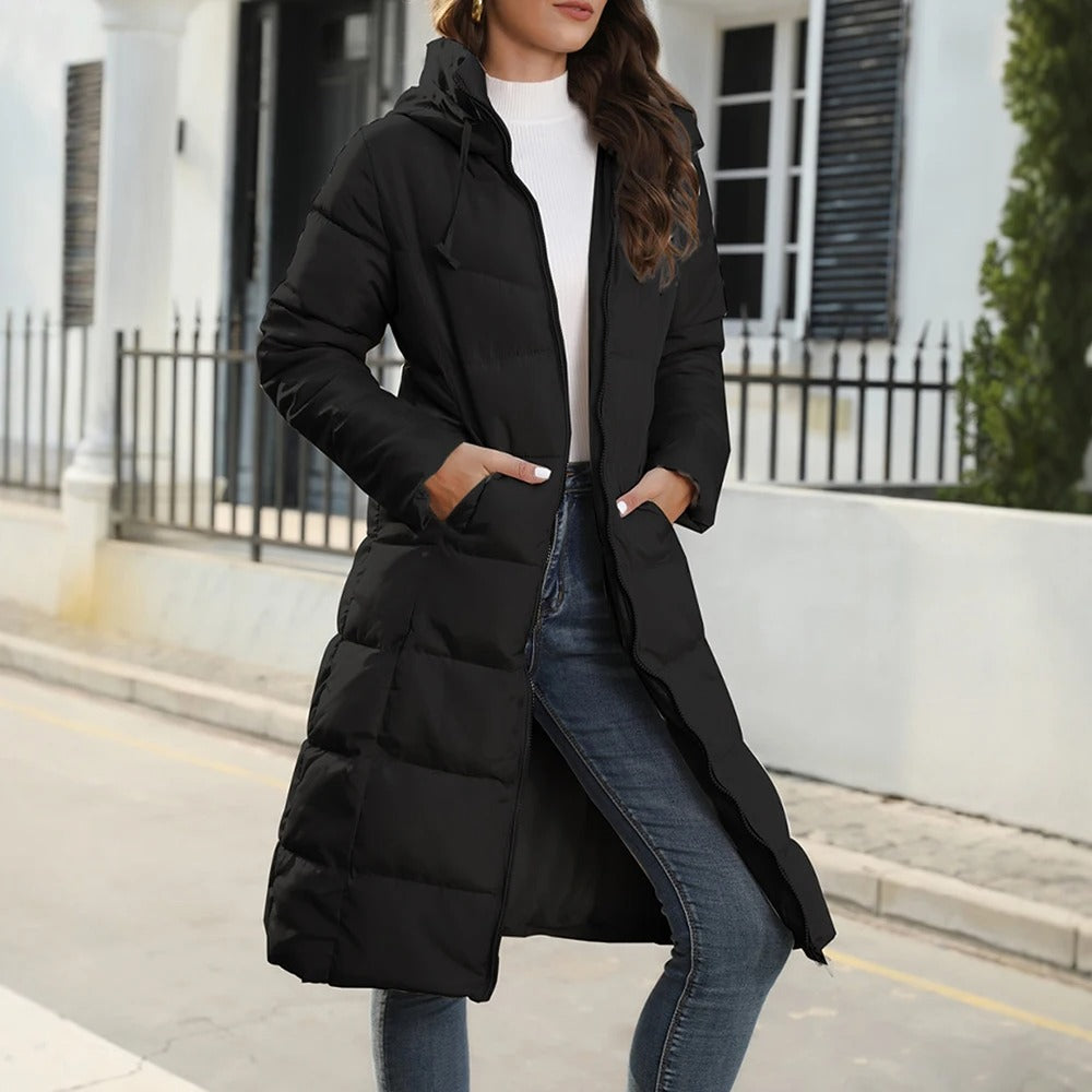 Quinnette - Chaqueta larga con capucha, acolchada y cálida, de estilo informal