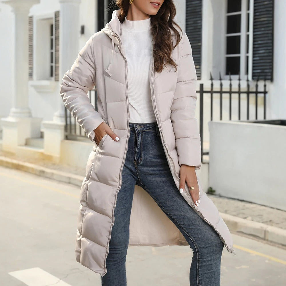 Quinnette - Chaqueta larga con capucha, acolchada y cálida, de estilo informal