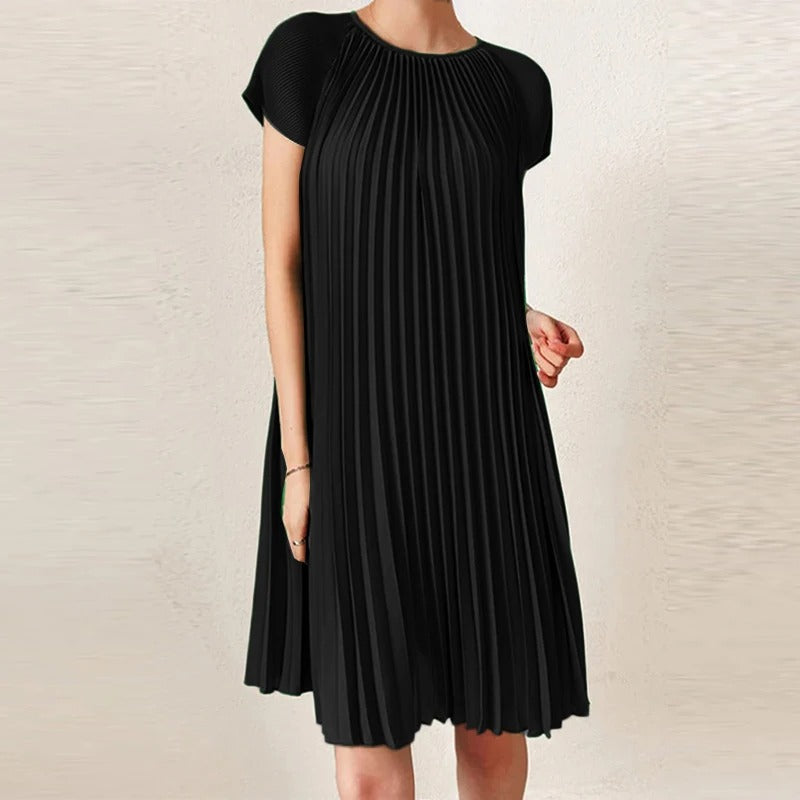 Braelyn - Elegante vestido midi plisado de manga corta y cuello redondo