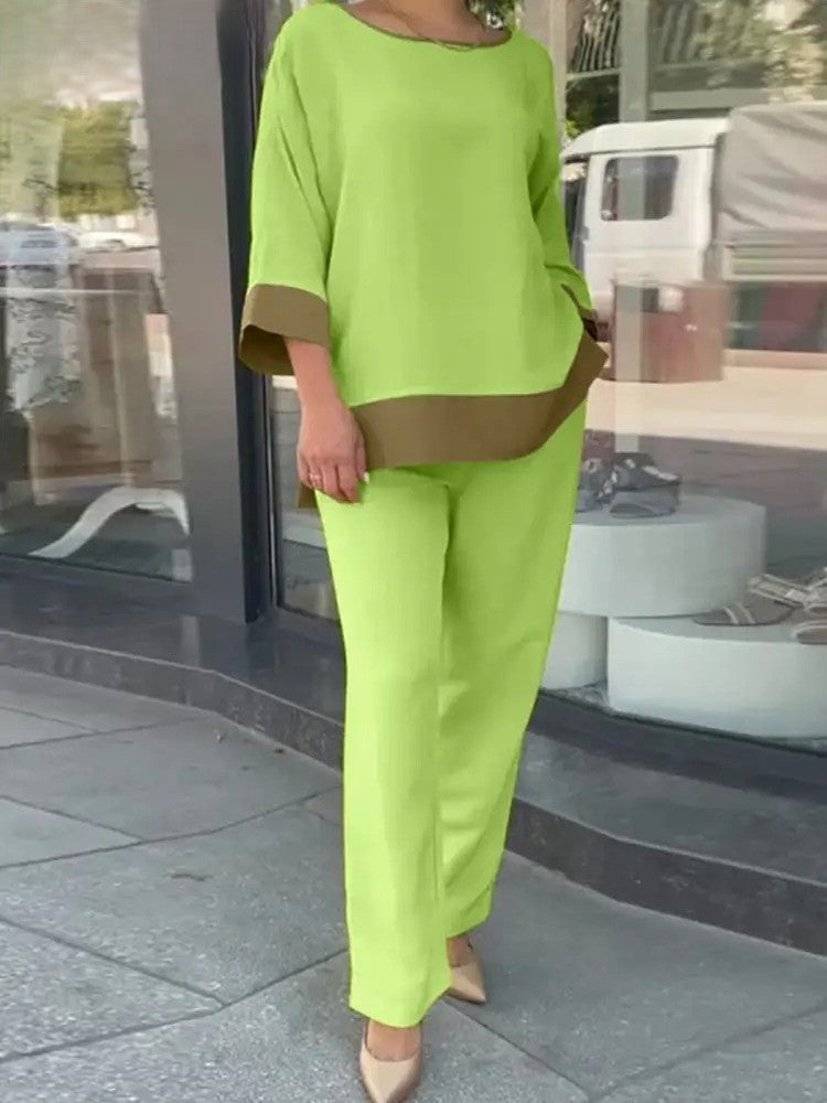 Erika - Conjunto de blusa suelta de media manga y pantalón ancho